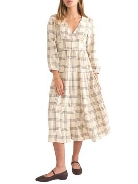 Marine Layer Maeve Maxi Dress M Cream Windowpane Tiered Plaid Quiet Luxury NWT